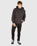 Unit Unisex Central Hoodie in Washed Black front view showing the comfortable pullover hood design spacious kangaroo pocket and bold front graphic logo print, sold by Point Break Cambridge local family surf shop at 63 Duke street.