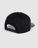 Unit Youth Remix Flat Peak Snapback Hat in Black back view showing the open rear layout architecture and adjustable plastic multi notch snap closure strap alignment, sold by Point Break Cambridge local family surf shop at 63 Duke street.