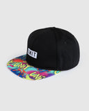 Unit Youth Remix Flat Peak Snapback Hat in Black front view showing the structured six panel crown flat brim and custom embroidered front brand logo graphic, sold by Point Break Cambridge local family surf shop at 63 Duke street.