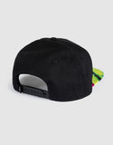 Unit Youth Trance Flat Peak Snapback Hat in Black back view showing the open rear layout architecture and adjustable plastic multi notch snap closure strap alignment, sold by Point Break Cambridge local family surf shop at 63 Duke street.