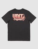 Unit Youth Claw Tee in Washed Black back view showing the relaxed straight youth silhouette drape and premium shoulder-to-shoulder structural seam stitching, sold by Point Break Cambridge local family surf shop at 63 Duke street.