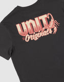 Unit Youth Claw Tee in Washed Black close up view highlighting the premium soft cotton knit fabric weave texture and high-density youth screen print graphic finish detail, sold by Point Break Cambridge local family surf shop at 63 Duke street.