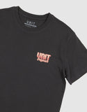 Unit Youth Claw Tee in Washed Black close up view highlighting the premium soft cotton knit fabric weave texture and high-density youth screen print graphic finish detail, sold by Point Break Cambridge local family surf shop at 63 Duke street.