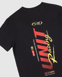 Unit Youth Division Tee in Black close up view highlighting the premium soft cotton knit fabric weave texture and high-density youth screen print graphic finish detail, sold by Point Break Cambridge local family surf shop at 63 Duke street.