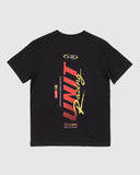 Unit Youth Division Tee in Black back view showing the relaxed straight youth silhouette drape and premium shoulder-to-shoulder structural seam stitching, sold by Point Break Cambridge local family surf shop at 63 Duke street.