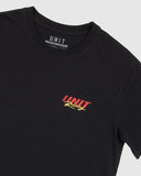 Unit Youth Division Tee in Black close up view highlighting the premium soft cotton knit fabric weave texture and high-density youth screen print graphic finish detail, sold by Point Break Cambridge local family surf shop at 63 Duke street.