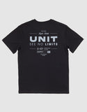 Unit Youth Major Tee in Black back view showing the relaxed straight youth silhouette drape and premium shoulder-to-shoulder structural seam stitching, sold by Point Break Cambridge local family surf shop at 63 Duke street.