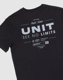 Unit Youth Major Tee in Black close up view highlighting the premium soft cotton knit fabric weave texture and high-density youth screen print graphic finish detail, sold by Point Break Cambridge local family surf shop at 63 Duke street.