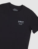 Unit Youth Major Tee in Black close up view highlighting the premium soft cotton knit fabric weave texture and high-density youth screen print graphic finish detail, sold by Point Break Cambridge local family surf shop at 63 Duke street.