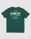 Unit Youth Major Tee in Forest Green back view showing the relaxed straight youth silhouette drape and premium shoulder-to-shoulder structural seam stitching, sold by Point Break Cambridge local family surf shop at 63 Duke street.