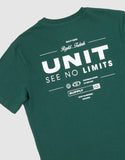 Unit Youth Major Tee in Forest Green close up view highlighting the premium soft cotton knit fabric weave texture and high-density youth screen print graphic finish detail, sold by Point Break Cambridge local family surf shop at 63 Duke street.