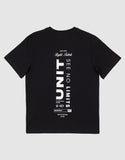 Unit Youth Mento Tee in Black back view showing the relaxed straight youth silhouette drape and premium shoulder-to-shoulder structural seam stitching, sold by Point Break Cambridge local family surf shop at 63 Duke street.