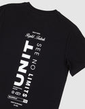 Unit Youth Mento Tee in Black close up view highlighting the premium soft cotton knit fabric weave texture and high-density youth screen print graphic finish detail, sold by Point Break Cambridge local family surf shop at 63 Duke street.