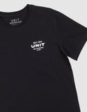 Unit Youth Mento Tee in Black close up view highlighting the premium soft cotton knit fabric weave texture and high-density youth screen print graphic finish detail, sold by Point Break Cambridge local family surf shop at 63 Duke street.
