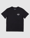 Unit Youth Mento Tee in Black front view showing the comfortable ribbed crew neck and bold custom youth front graphic logo print, sold by Point Break Cambridge local family surf shop at 63 Duke street.