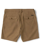 Vissla Canyons 25 Hybrid 18.5 Walkshort in Dark Khaki back view showing the rear button welt pockets and discrete woven brand logo label, sold by Point Break Cambridge local family surf shop at 63 Duke street.