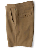 Vissla Canyons 25 Hybrid 18.5 Walkshort in Dark Khaki side profile view showing the eighteen point five inch outseam hemline and tailored side seam construction, sold by Point Break Cambridge local family surf shop at 63 Duke street.