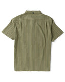 Vissla Linen Pin SS Shirt in Sage green back view showing the straight regular silhouette and clean shoulder yoke lines, sold by Point Break Cambridge local family surf shop at 63 Duke street.