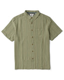 Vissla Linen Pin SS Shirt in Sage green front view showing the button up closure collared neck and single chest pocket, sold by Point Break Cambridge local family surf shop at 63 Duke street.