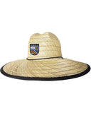 Vissla Outside Sets Lifeguard Hat in Natural straw front view showing the wide brim and woven brand logo patch, sold by Point Break Cambridge local family surf shop at 63 Duke street.
