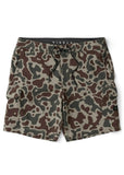 Vissla Roamer Cargo 18.5 Hybrid Boardshort in Camo print front view showing the structured waistband button closure and flat front pockets, sold by Point Break Cambridge local family surf shop at 63 Duke street.