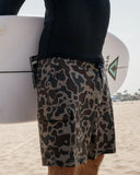 Vissla Roamer Cargo 18.5 Hybrid Boardshort in Camo print front view showing the structured waistband button closure and flat front pockets, sold by Point Break Cambridge local family surf shop at 63 Duke street.