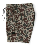 Vissla Roamer Cargo 18.5 Hybrid Boardshort in Camo print side profile view showing the eighteen point five inch outseam hemline and technical side cargo pocket layout, sold by Point Break Cambridge local family surf shop at 63 Duke street.