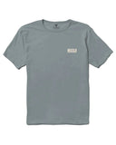 Vissla Tech Surf Farm Organic Blend Short Sleeve Tee in Blue Haze front view showing the comfortable ribbed crew neck and custom chest graphic print, sold by Point Break Cambridge local family surf shop at 63 Duke street.