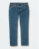 Front view of the Volcom Vorta Denim Slim Fit Jeans in Aged Indigo showing the tailored leg cut and classic zip fly setup.