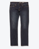  Front view of the Volcom Solver Modern Fit Denim Jeans in New Vintage Blue wash showing the straight leg cut and five-pocket setup.