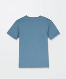 Blue t-shirt on a light gray background. Back view of the Volcom Boys Spikesnight Short Sleeve Tee in Blue Wash highlighting the continuous tie-dye pattern and straight jersey drape.
