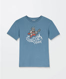 Blue t-shirt with graphic design on a light gray background. Front view of the Volcom Boys Spikesnight Short Sleeve Tee in Blue Wash showing the custom tie-dye pattern, classic crew neck, and chest print.