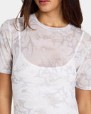Volcom Checked Out Dress in Camouflage print close up view highlighting the premium lightweight fabric texture high-quality stitching and subtle Volcom branding details, sold by Point Break Cambridge local family surf shop at 63 Duke street.