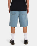 Volcom Chillow Denim Short in Stone Blue back view showing the deep rear pockets signature stone shape yoke stitching and brand patch, sold by Point Break Cambridge local family surf shop at 63 Duke street.