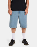 Volcom Chillow Denim Short in Stone Blue front view showing the loose relaxed fit waistline button closure and classic five pocket denim layout, sold by Point Break Cambridge local family surf shop at 63 Duke street.