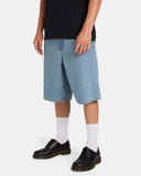Volcom Chillow Denim Short in Stone Blue side profile view highlighting the roomy leg openings and durable triple stitched outseam construction, sold by Point Break Cambridge local family surf shop at 63 Duke street.