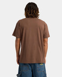 Volcom Cocktail LSE Mens Short Sleeve T-Shirt in Brown Stone back view highlighting the relaxed loose fit premium cotton jersey construction distinctive lower right back screen print and subtle Volcom branding on the back left sleeve, sold by Point Break Cambridge local family surf shop at 63 Duke Street.