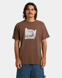 Volcom Cocktail LSE Mens Short Sleeve T-Shirt in Brown Stone front view showcasing the earthy brown colourway comfortable loose fit classic crew neckline short sleeves and distinctive centre front Volcom Cocktail screen printed artwork, sold by Point Break Cambridge local family surf shop at 63 Duke Street.