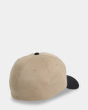 Volcom Full Stone Flexfit Hat in Light Khaki back view highlighting the adjustable strap with metal clip closure, structured stretch twill construction, comfortable fitted crown and signature embroidered Volcom script logo, sold by Point Break Cambridge local family surf shop at 63 Duke Street.