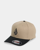 Volcom Full Stone Flexfit Hat in Light Khaki front view showcasing the structured six-panel crown, pre-curved brim, premium stretch twill fabric, classic neutral khaki colourway and signature embroidered Volcom Stone logo, sold by Point Break Cambridge local family surf shop at 63 Duke Street.