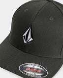 Volcom Full Stone Flexfit Hat in Scarab dark green close up view highlighting the dense front logo embroidery thread and internal moisture wicking elastic Flexfit performance sweatband, sold by Point Break Cambridge local family surf shop at 63 Duke street.