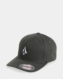Volcom Full Stone Flexfit Hat in Scarab dark green front view showing the structured six panel crown curved brim and custom embroidered stone logo, sold by Point Break Cambridge local family surf shop at 63 Duke street.