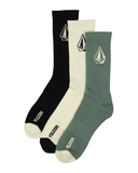 Volcom Full Stone Mix Socks 3Pk in Army Green Combo multi pack presentation view showing the classic crew knit length rise structure and clean embroidered brand Stone logo placement layouts, sold by Point Break Cambridge local family surf shop at 63 Duke street.