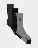 Volcom Full Stone Mix Socks 3Pk Youth in Multi colour pack presentation view showing the classic kids crew knit length rise structure and clean embroidered brand Stone logo placement layouts, sold by Point Break Cambridge local family surf shop at 63 Duke street.