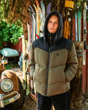 Front view of the Volcom Goldsmooth jacket in Military green showing the full zip closure and zippered chest pocket.