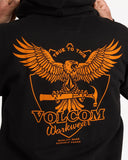 Close-up detail of the heavy cotton-poly fleece texture, branded metal trims, and kangaroo pocket on the black Volcom hoodie.