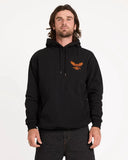 Front view of the Volcom Hammered pullover hoodie in black showing the loose fit and chest print.