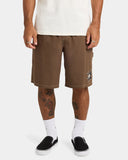 Volcom Mens Disturb Short 21 in Brown Stone front view showcasing the relaxed loose-fit silhouette, lightweight 100% nylon fabric, comfortable elasticated drawcord waistband, practical front slash pockets and signature Volcom Stone star print on the left leg, sold by Point Break Cambridge local family surf shop at 63 Duke Street.