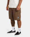 Volcom Mens Disturb Short 21 in Brown Stone side profile view showcasing the comfortable loose-fitting silhouette, practical hammer loop at the left leg, lightweight nylon fabric, functional side entry pockets and relaxed skate-inspired styling, sold by Point Break Cambridge local family surf shop at 63 Duke Street.