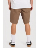 Volcom Modown Canvas 5 Pocket Mens Short in Teak brown back view showing the relaxed straight silhouette drape premium rear patch pockets and signature asymmetrical rear yoke stitch details, sold by Point Break Cambridge local family surf shop at 63 Duke street.